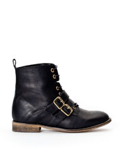 Flat leather ankle boot with laces and buckle