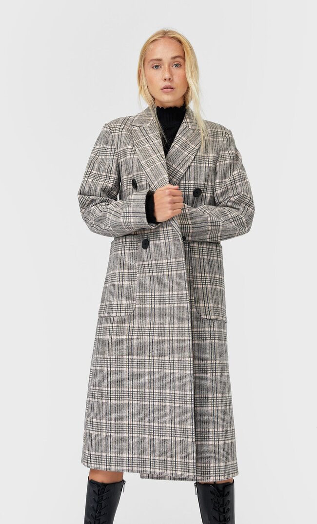 Stradivarius Длинное Пальто В Клетку Женская Коллекция Пестро-Серый Xs