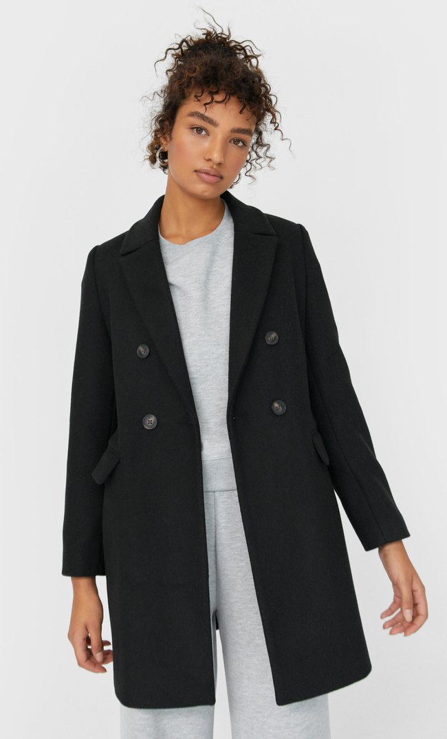Stradivarius Двубортное Драповое Пальто Женская Коллекция Черный M