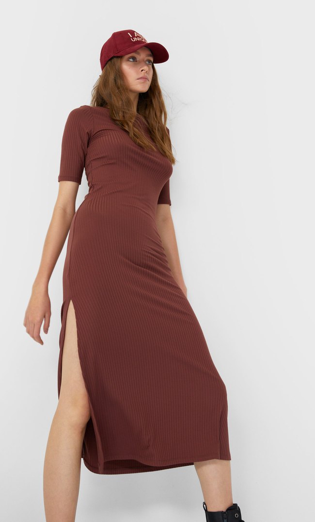 Stradivarius Платье Миди С Короткими Рукавами И Разрезами Женская Коллекция Multicolor Xs