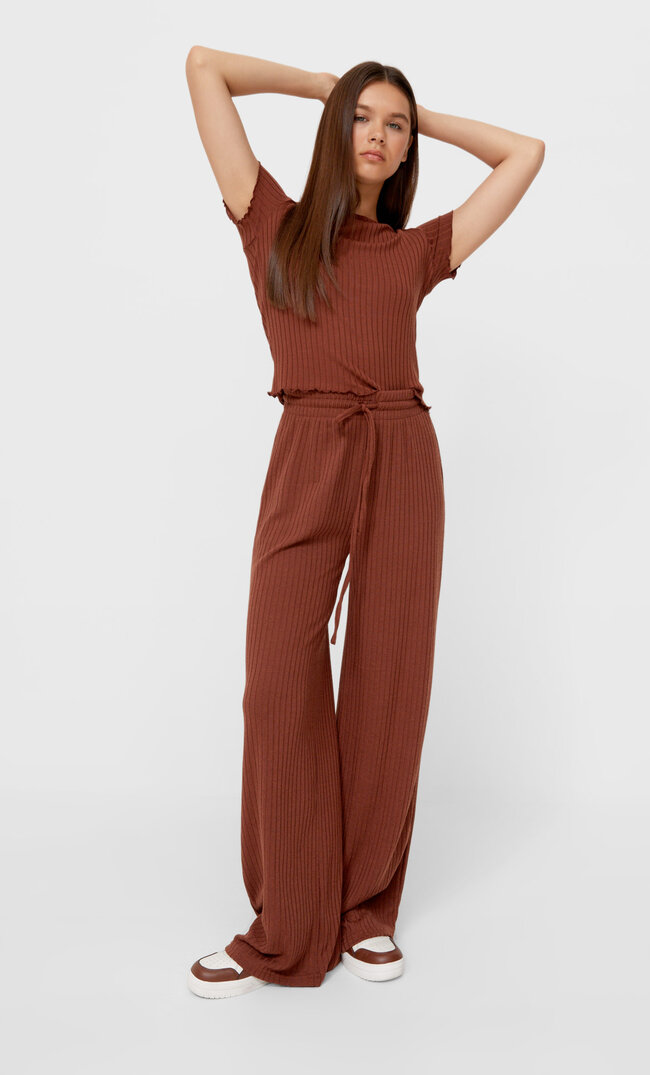 Stradivarius Ribbed Trousers Brown Xs