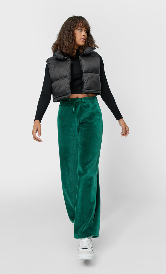 Stradivarius Wide-Leg Velour Trousers Green Xs