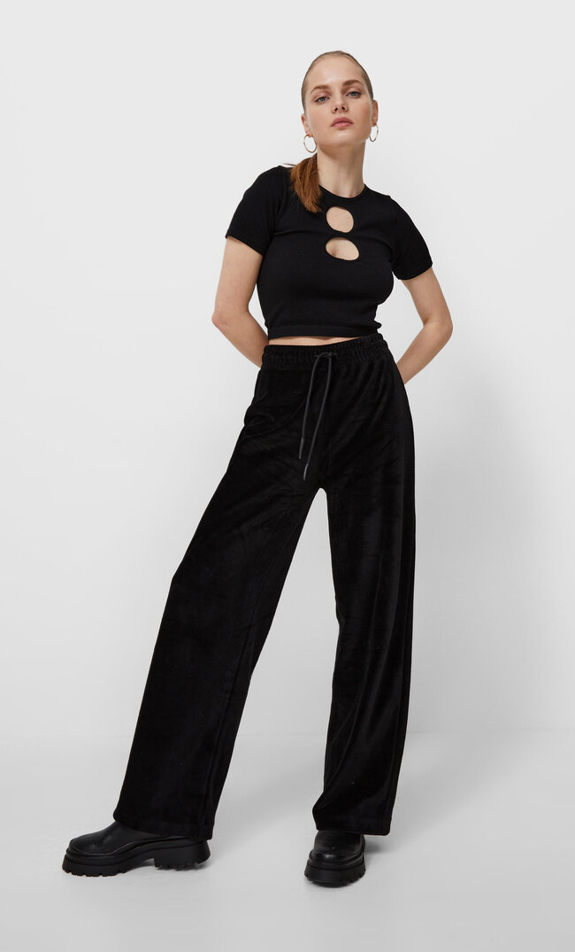 Stradivarius Weite Hose Aus Velours Schwarz Xs