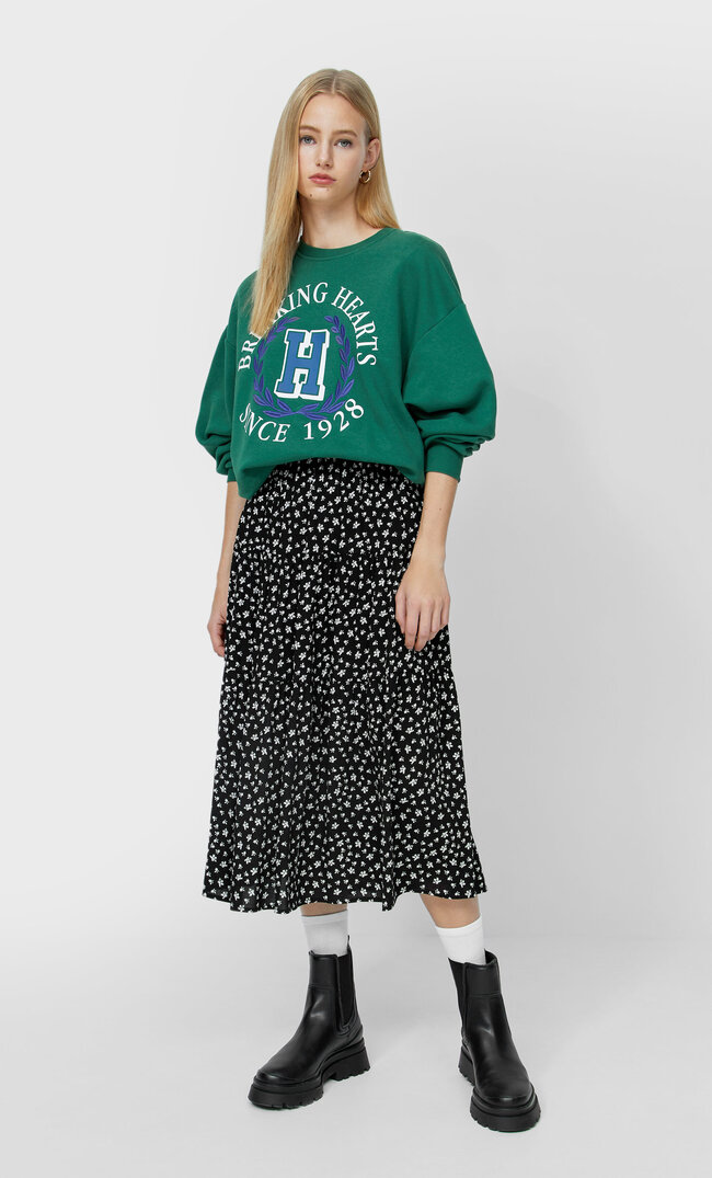 Stradivarius Langer Rock Im Trachtenlook Mit Blumenprint Schwarz M