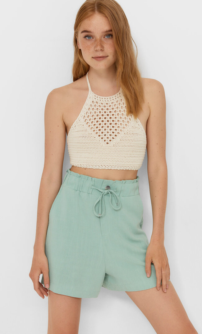 Stradivarius Fließende, Rustikale Shorts Grün M