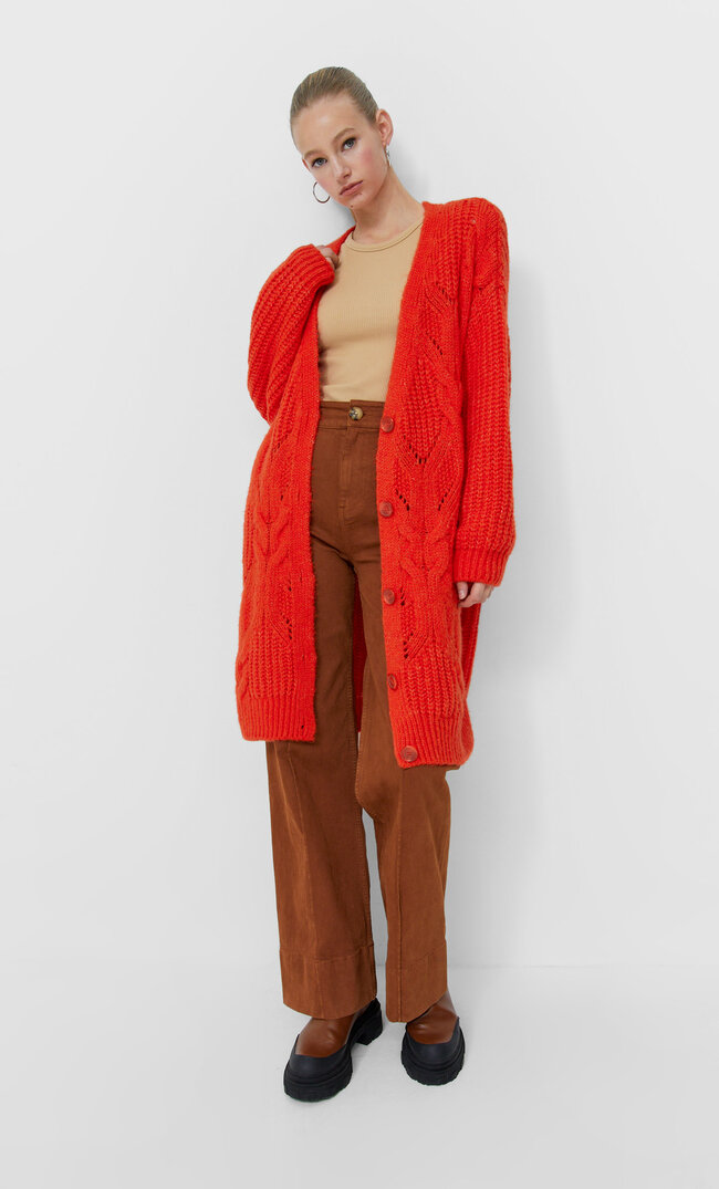 Stradivarius Long Cable-Knit Cardigan Orange M