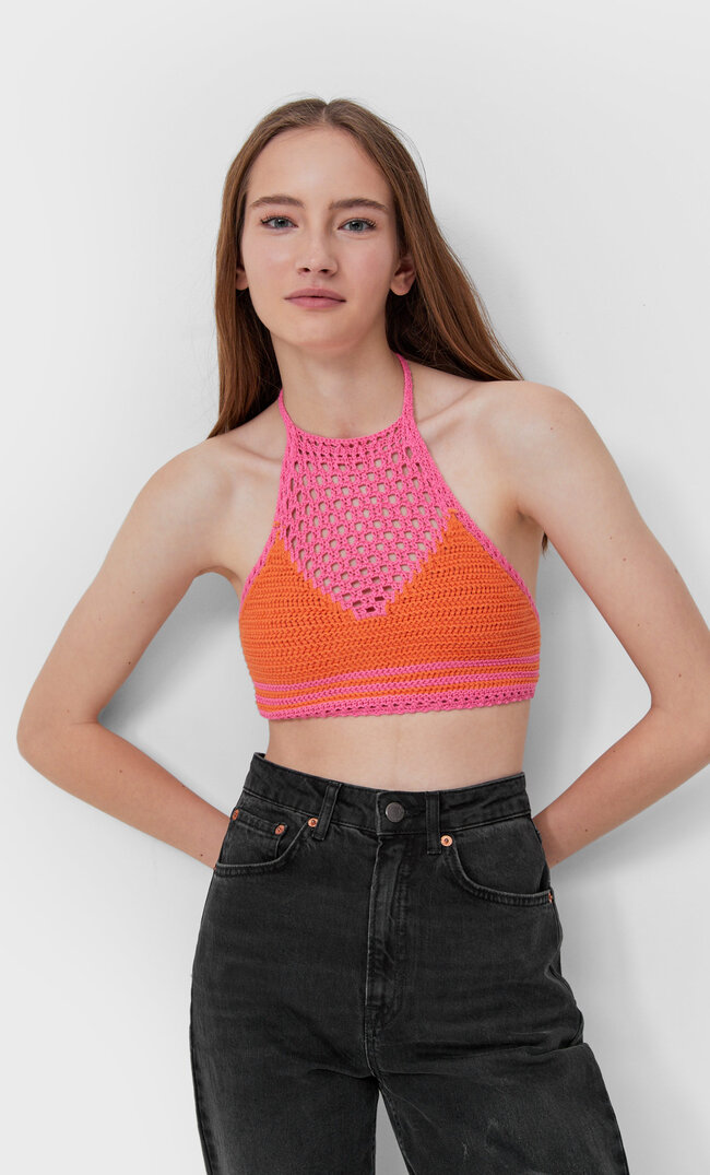 Stradivarius Crochet Halter Top Dark Fuchsia L