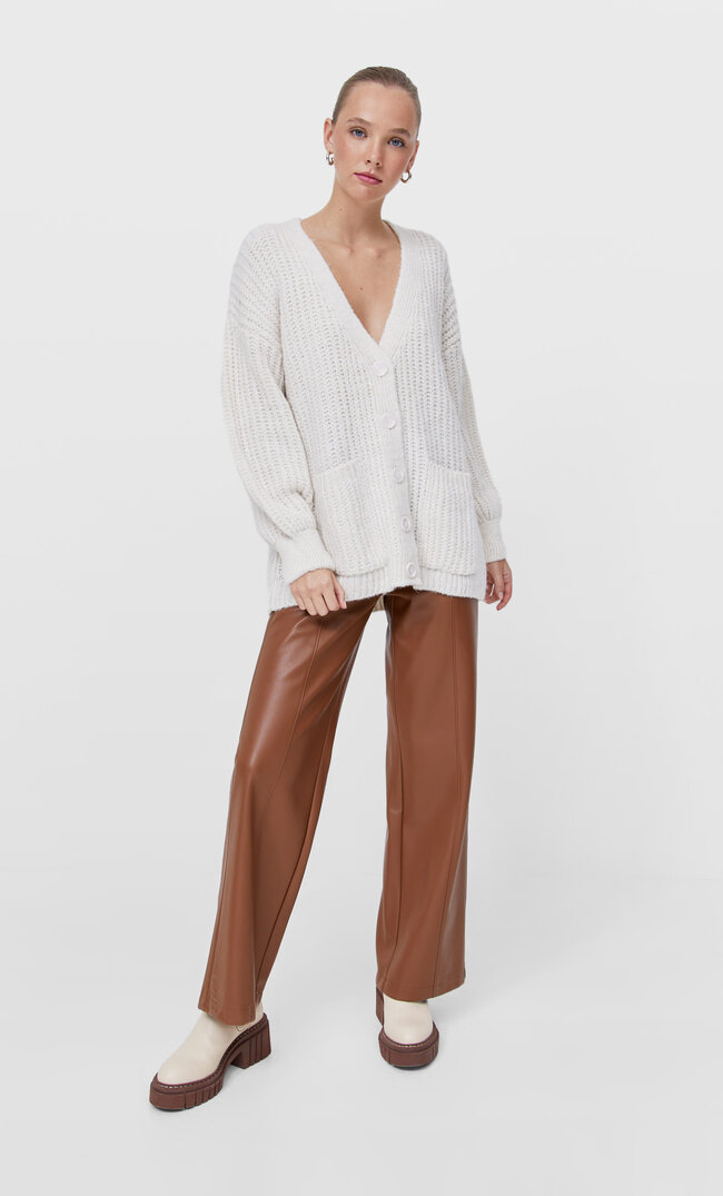 Stradivarius Langer Cardigan Mit Taschen Ecru Xs