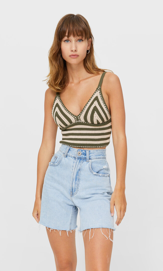 Stradivarius Szydełkowy Top Bralette W Paski Khaki S