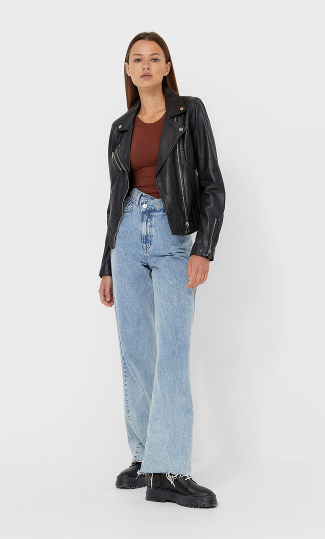 Stradivarius Skórzana Kurtka Typu Biker Czarny Xs