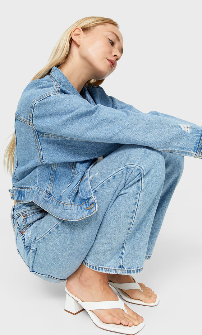 Stradivarius Krótka Kurtka Jeansowa Jasnodenimowy L