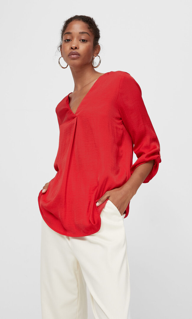 Stradivarius Shirt With 3/4 Length Sleeves Red M