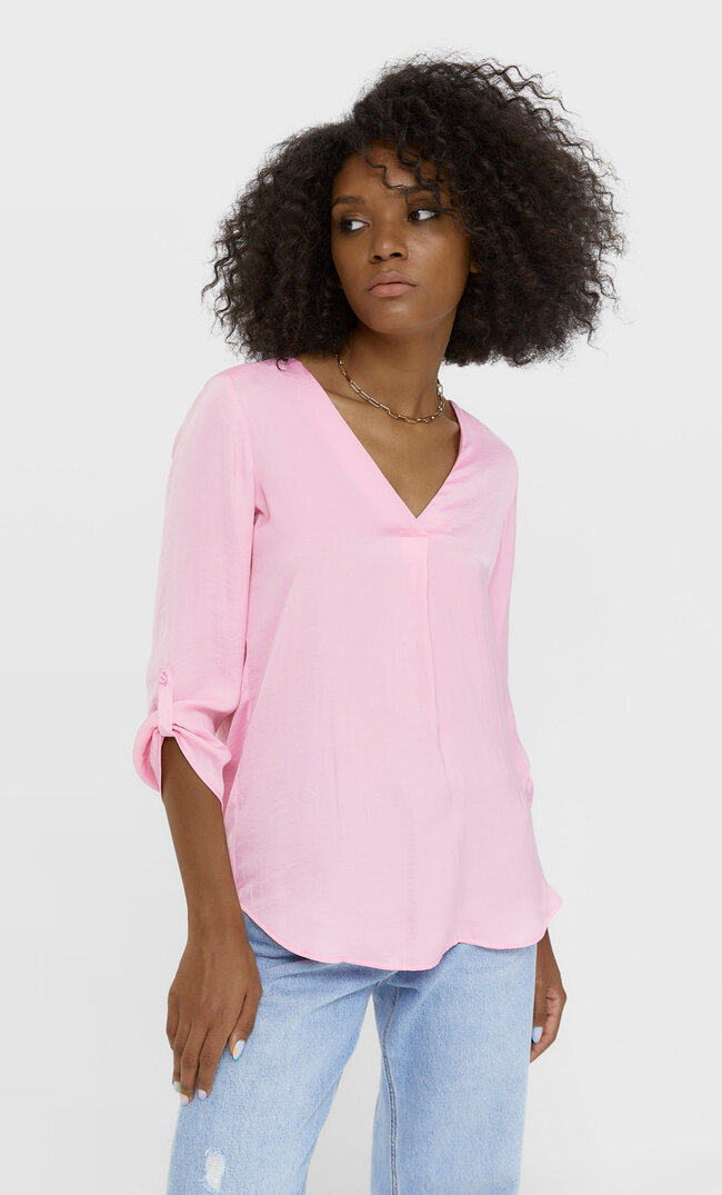 Stradivarius Shirt With 3/4 Length Sleeves Bubblegum Pink S