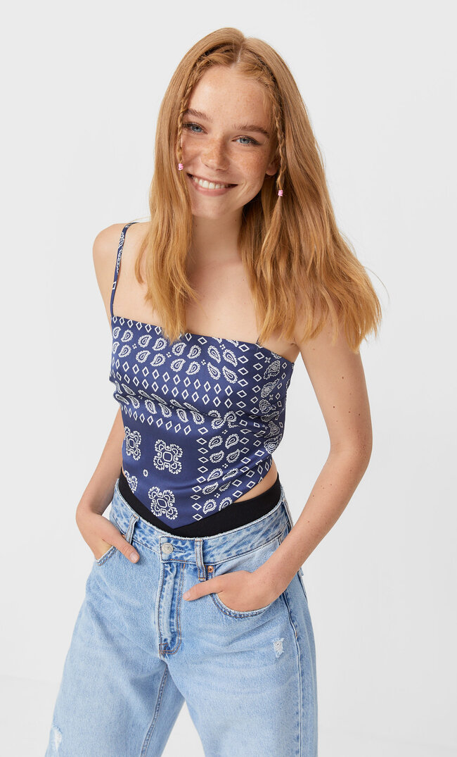 Stradivarius Satynowy Top Z Dekoltem Typu Bandeau Ciemnomorski Xs