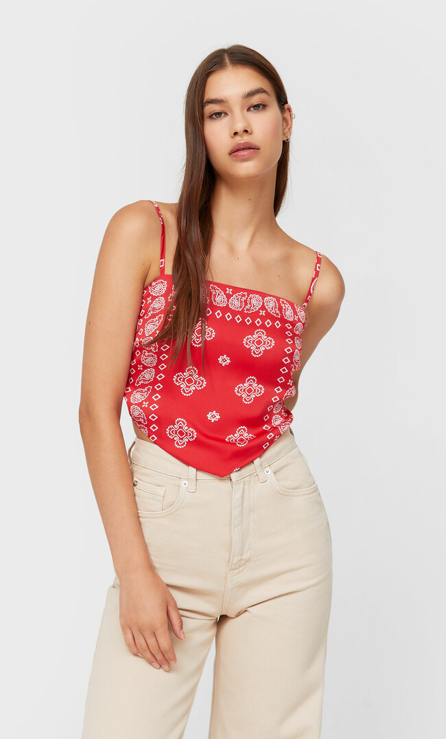 Stradivarius Sateen Top With Scarf Red L