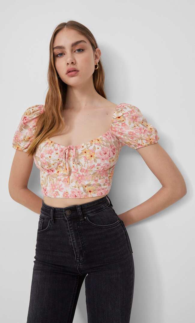 Stradivarius Short Sleeve Floral Top Ecru L