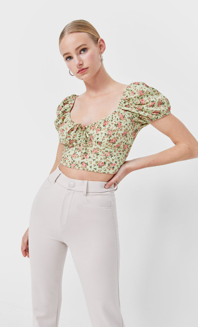 Stradivarius Short Sleeve Floral Top Aquamarine S