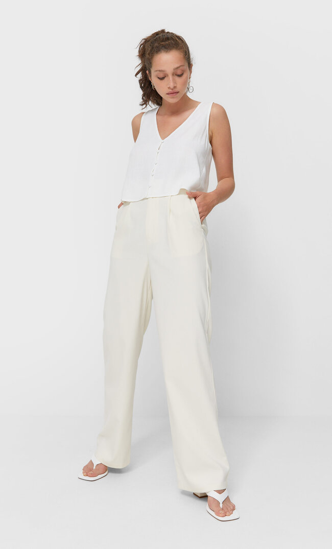 Stradivarius Top W Rustykalnym Stylu Na Guziki Biały Xl