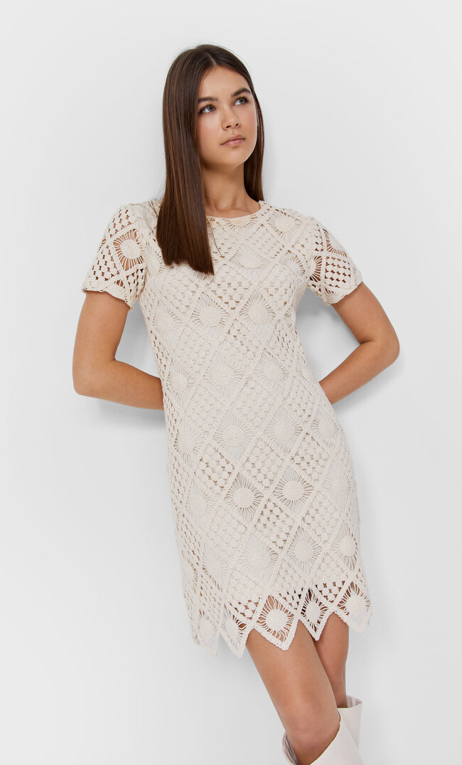 Stradivarius Short Crochet Dress Stone L