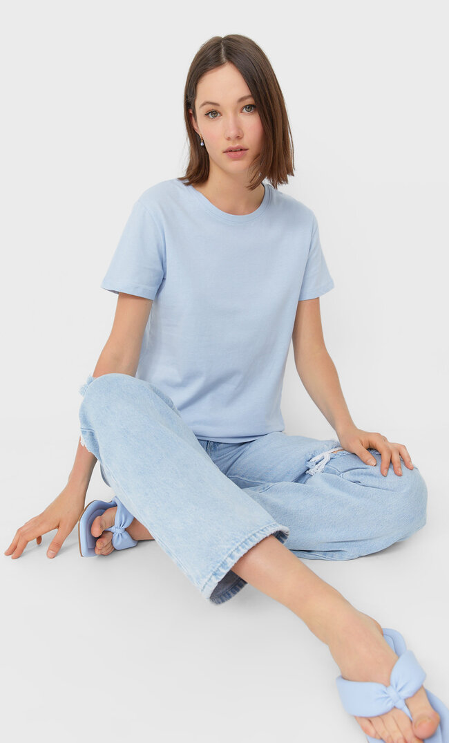 Stradivarius Basic Short Sleeve T-Shirt Sky Blue M