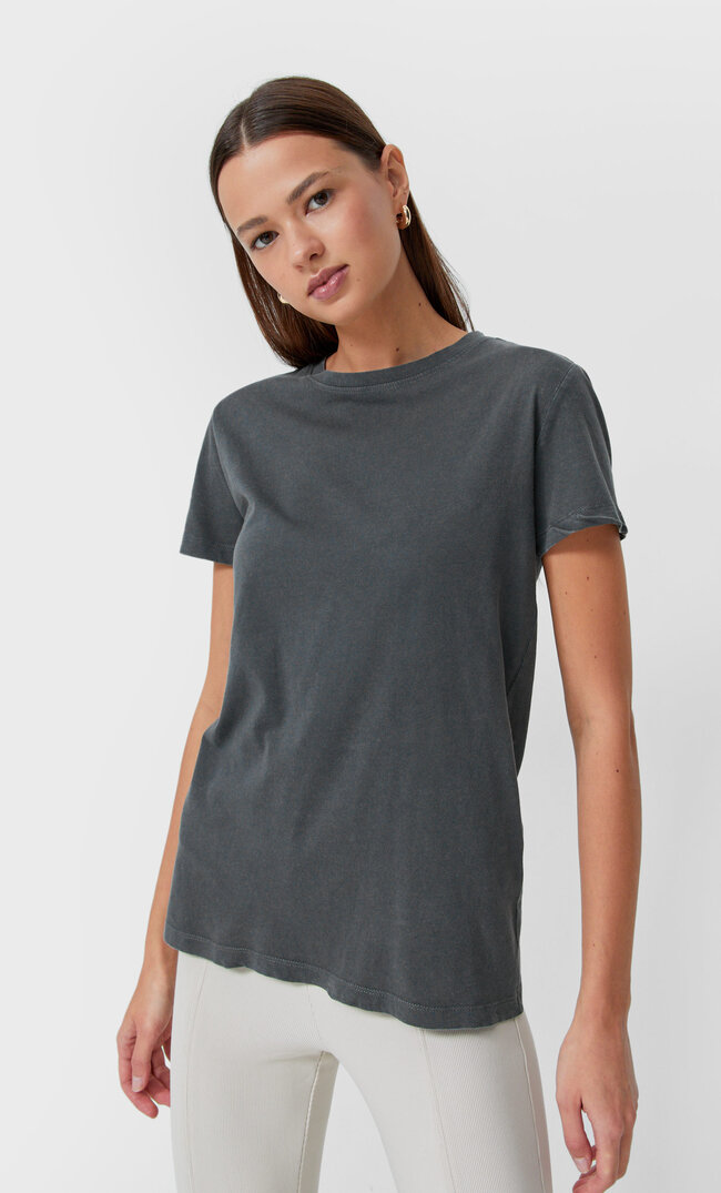 Stradivarius T-Shirt Im Acid-Wash Grau Melange M