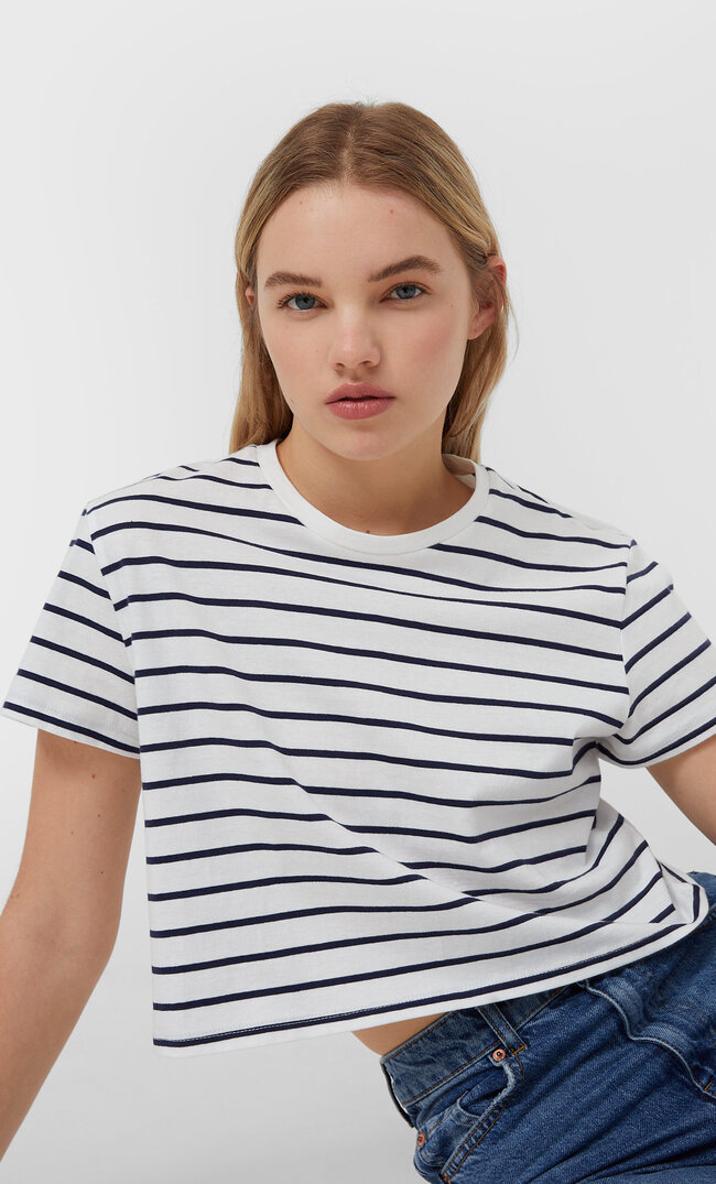 Stradivarius Striped Cropped T-Shirt Dark Blue S