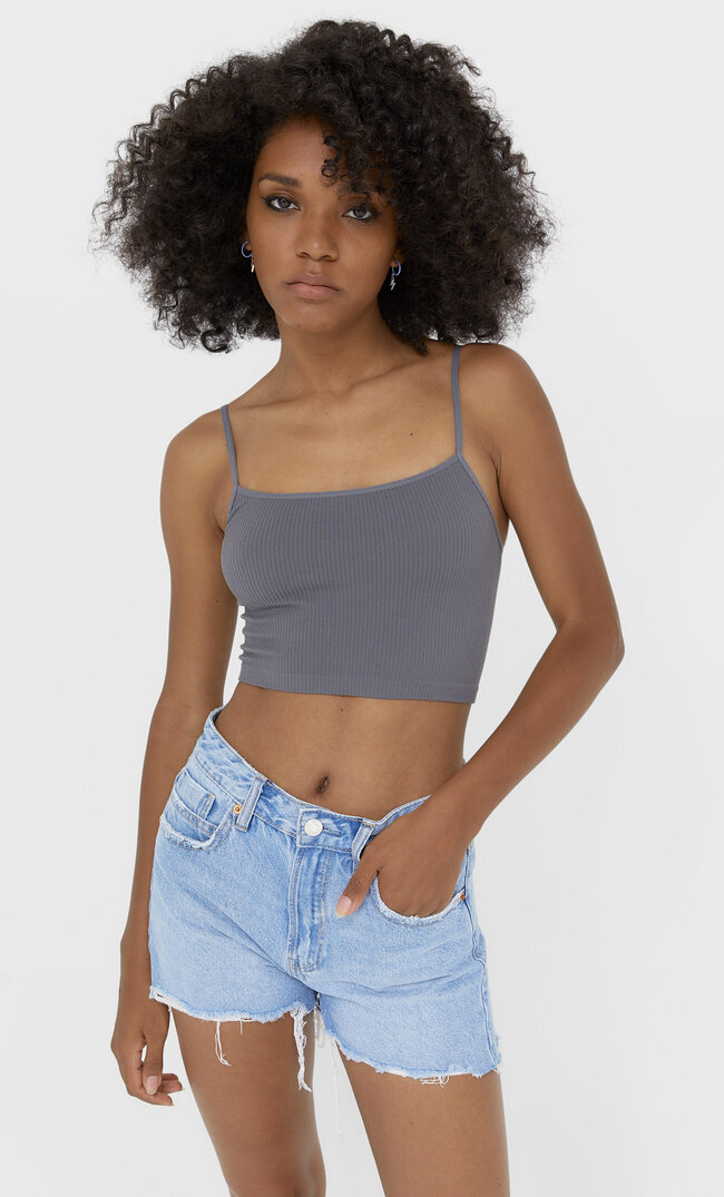 Stradivarius Seamless Crop Top With Straps Dark Grey Xl