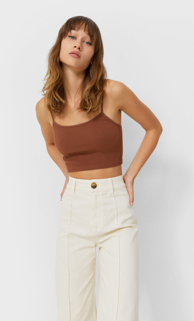 Stradivarius Nahtloses Cropped-Shirt Mit Trägern Braun M