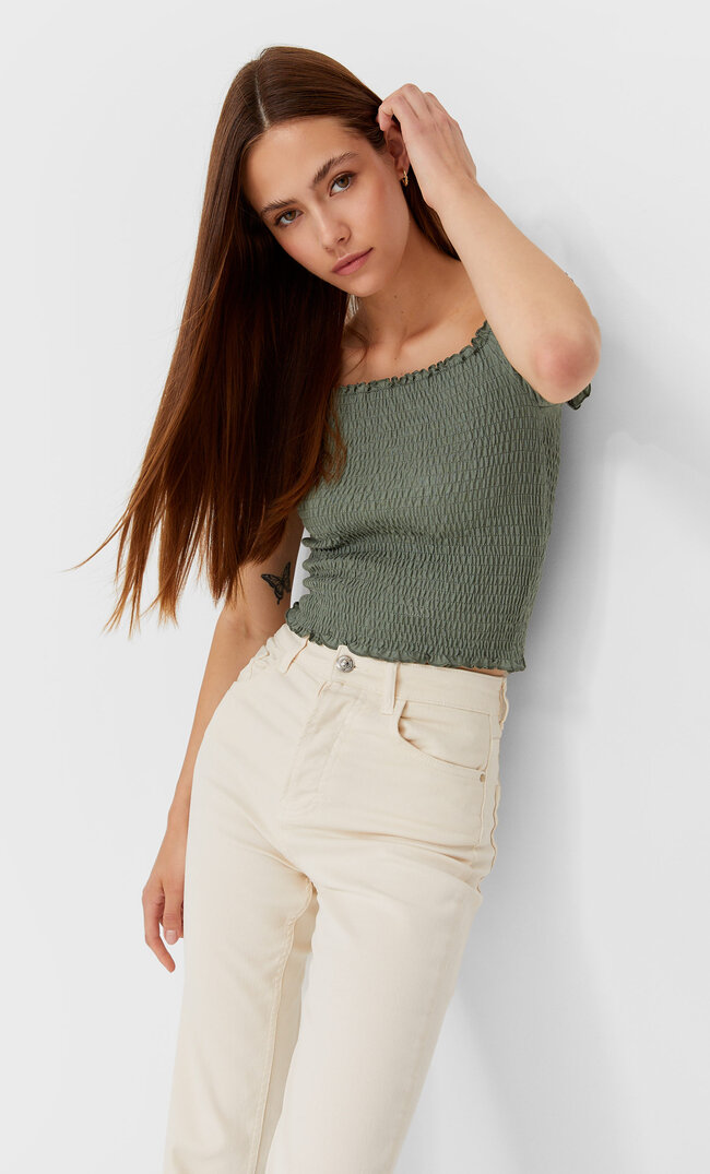 Stradivarius Schulterfreies Shirt Mit Gummizug Khaki S