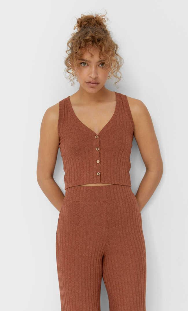Stradivarius Krótki Top W Rustykalnym Stylu Z Guzikami Brązowy L
