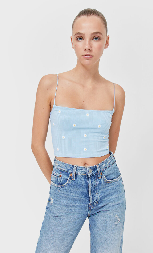 Stradivarius Top W Stokrotki Błękitny M