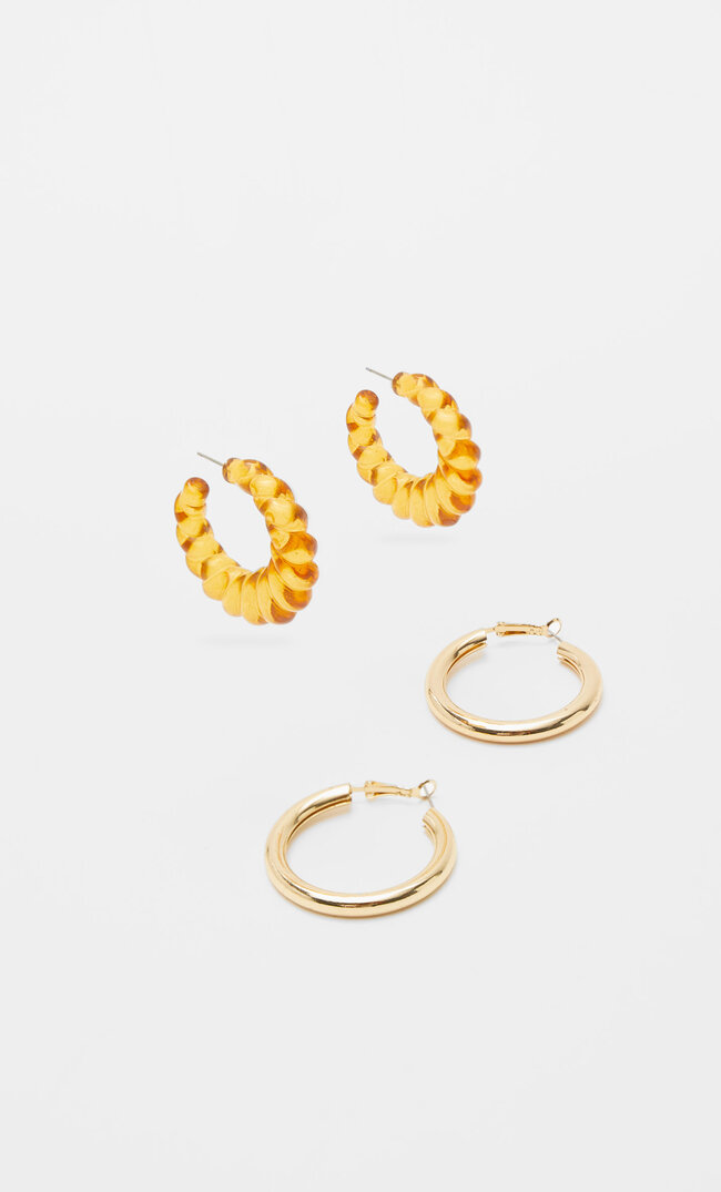 Stradivarius Set Of 2 Metal And Acrylic Hoop Earrings Yellow 103