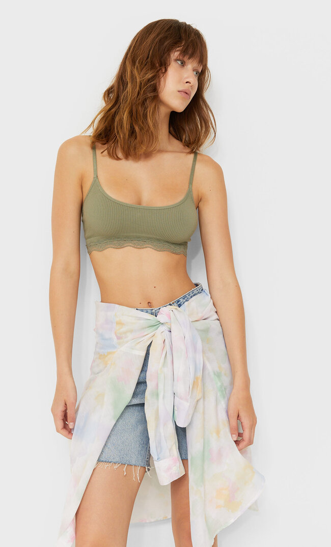 Stradivarius Bezszwowy Top Bralette Z Koronką Zielony M