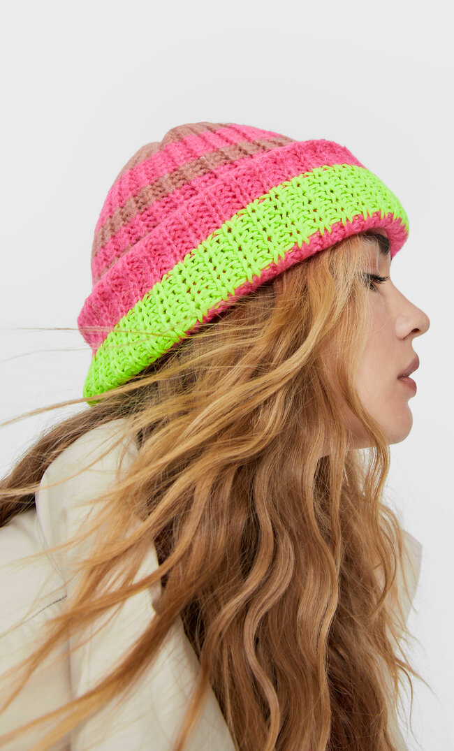 Stradivarius Striped Hat Neon Pink 103