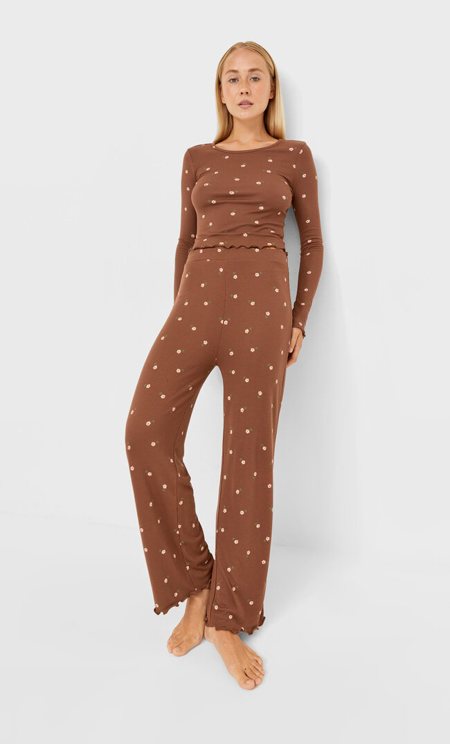 Stradivarius Floral Pyjama Bottoms Brown L