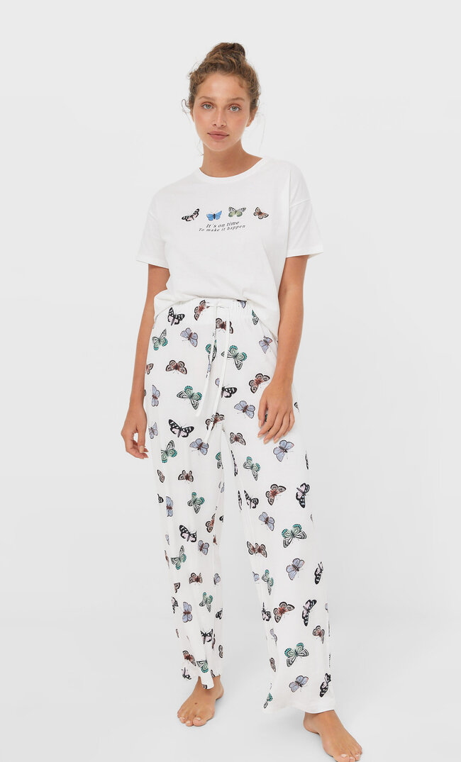 Stradivarius Pyjamashirt Mit Print Blau L