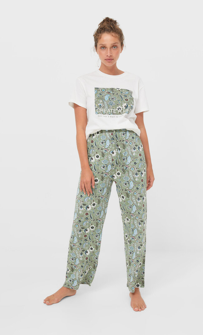 Stradivarius Pyjamashirt Mit Print Khaki M