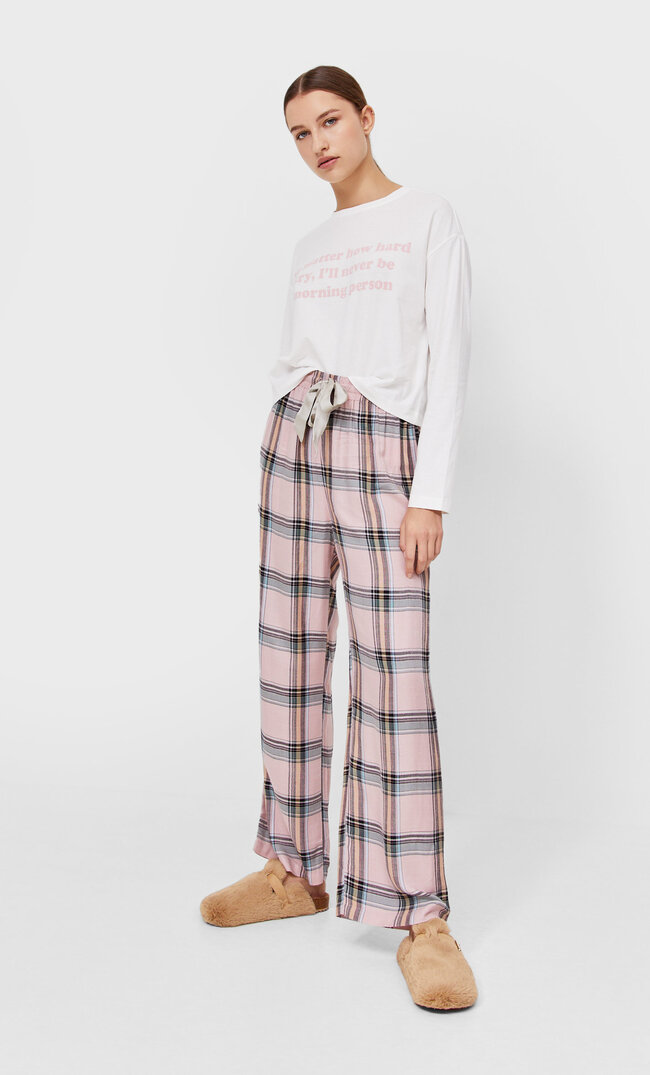 Stradivarius Check Long Pyjama Trousers Nude Pink L