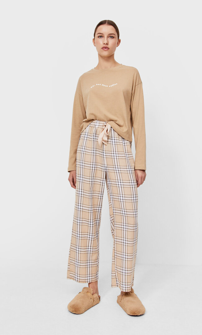 Stradivarius Check Long Pyjama Trousers Beige L