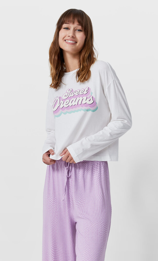 Stradivarius Long Sleeve Pyjama Top Ecru M