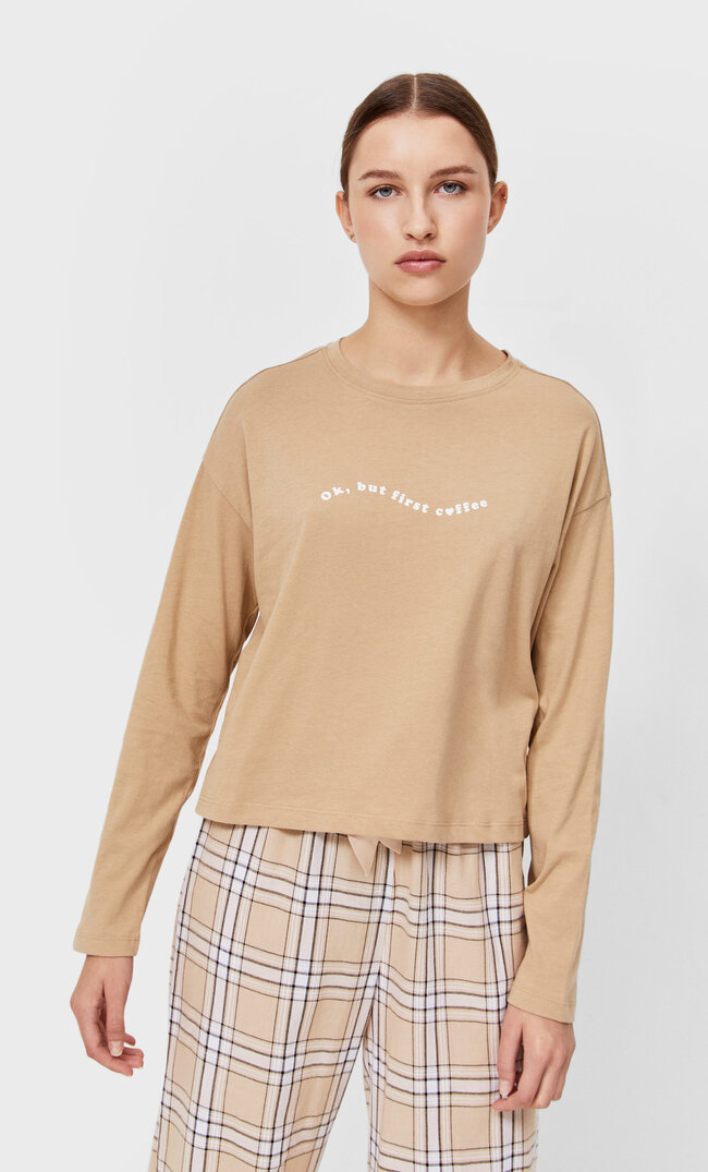 Stradivarius Long Sleeve Pyjama Top Beige S