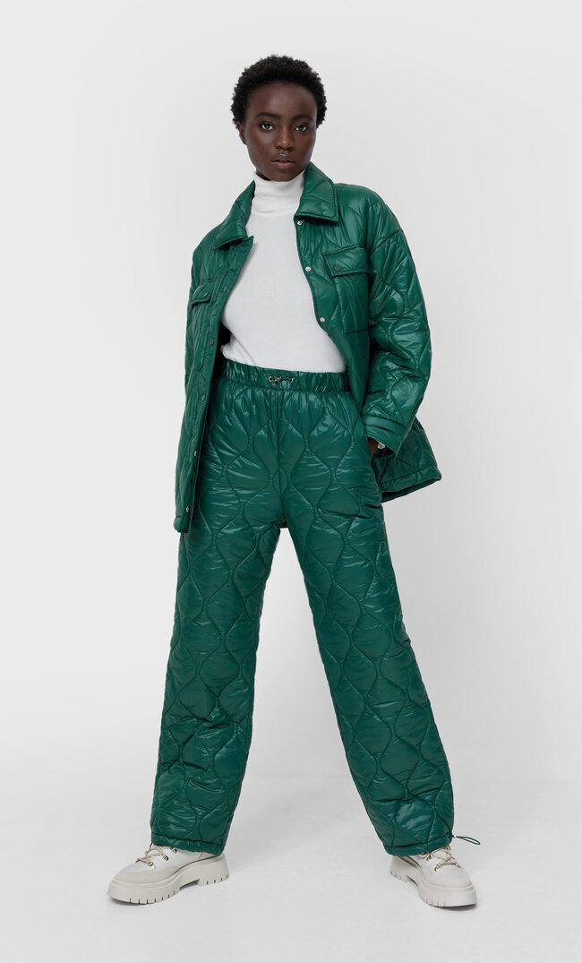 Stradivarius Water-Resistant Quilted Trousers Bottle Green M