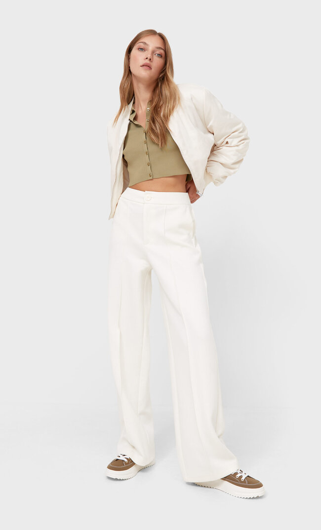 Stradivarius Wide-Leg Trousers Ecru S