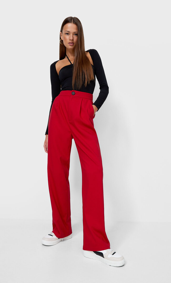 Stradivarius Wide Leg Pants Red 40 High 