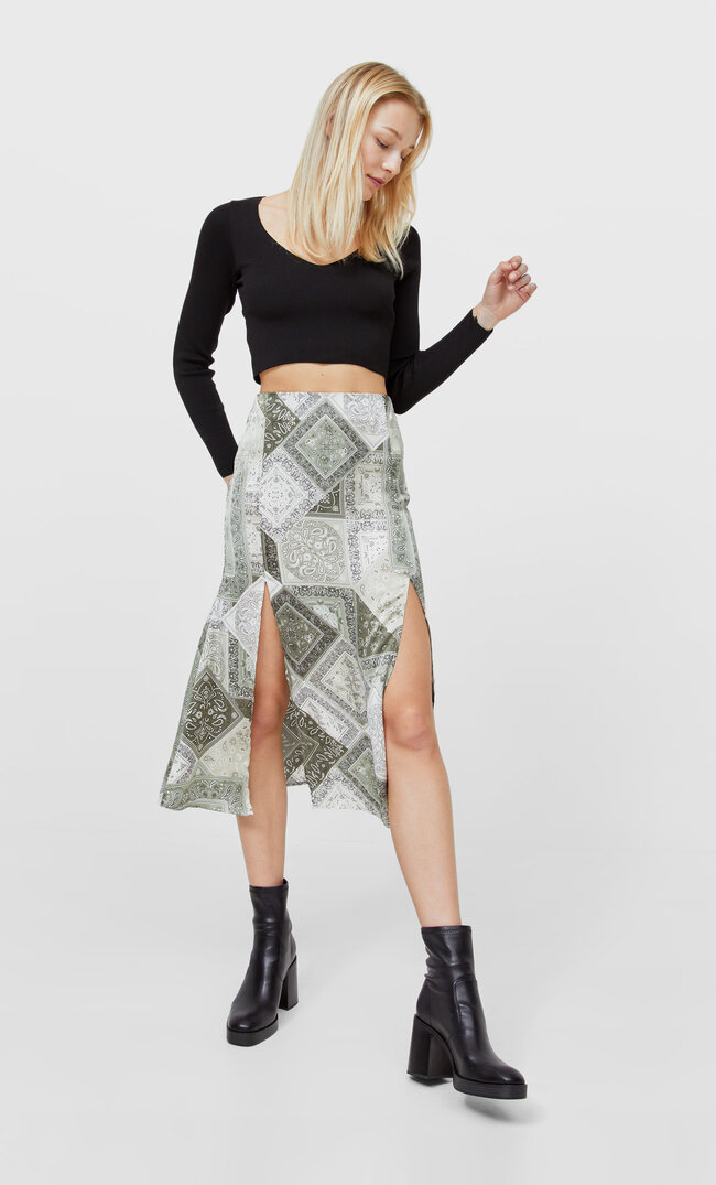 Stradivarius paisley satin midi skirt khaki m