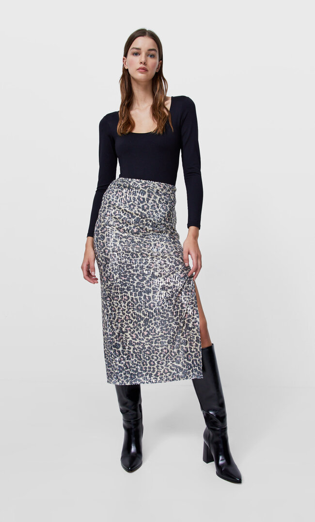 Stradivarius Sequinned Animal Print Midi Skirt Pale Tan 6