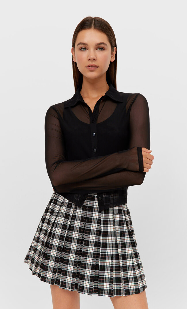 Stradivarius Checked Box Pleat Skirt Ecru Xs