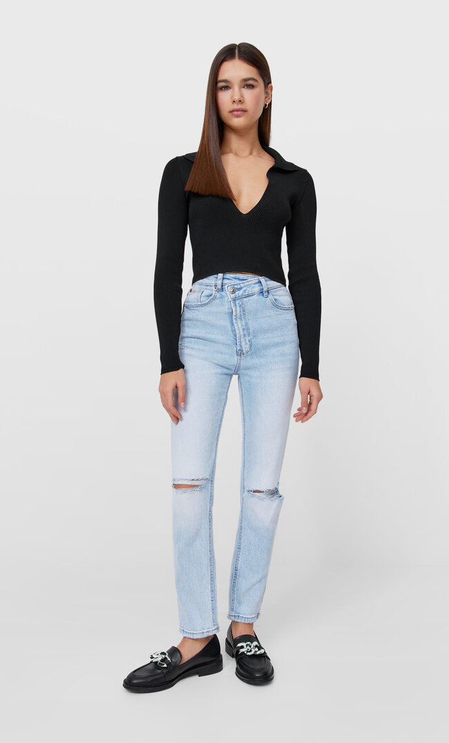 Stradivarius Mom Fit Jeans With Asymmetric Waistband Blue Wash 6