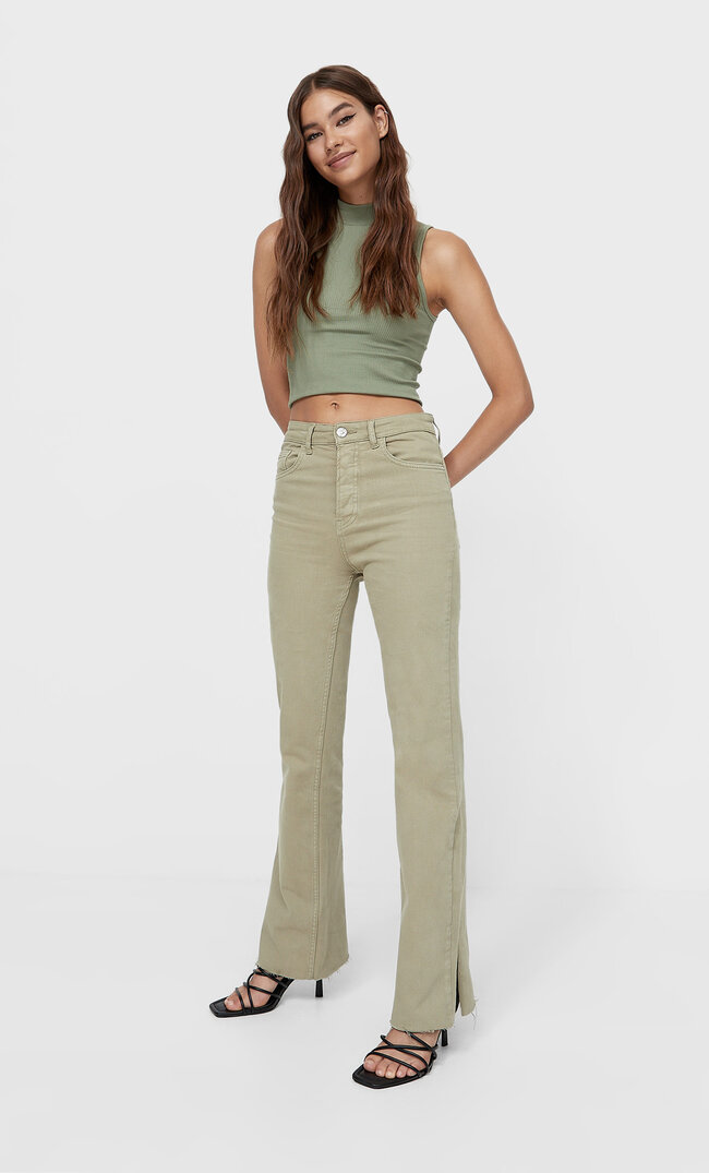 Stradivarius Slim Flared Jeans With Vent Khaki 16