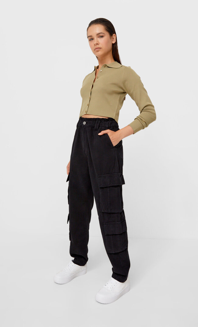 Stradivarius Relaxed-Fit Cargo Trousers Black L